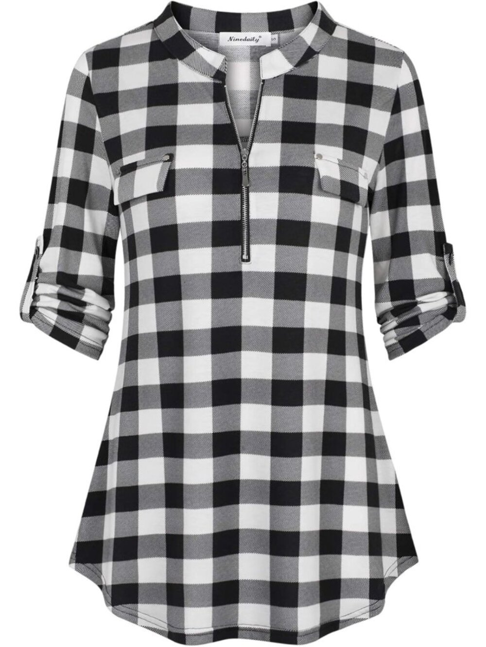 Floral Plaid Tunic Blouse Top for Women - 3/4 Sleeve Casual Shirt